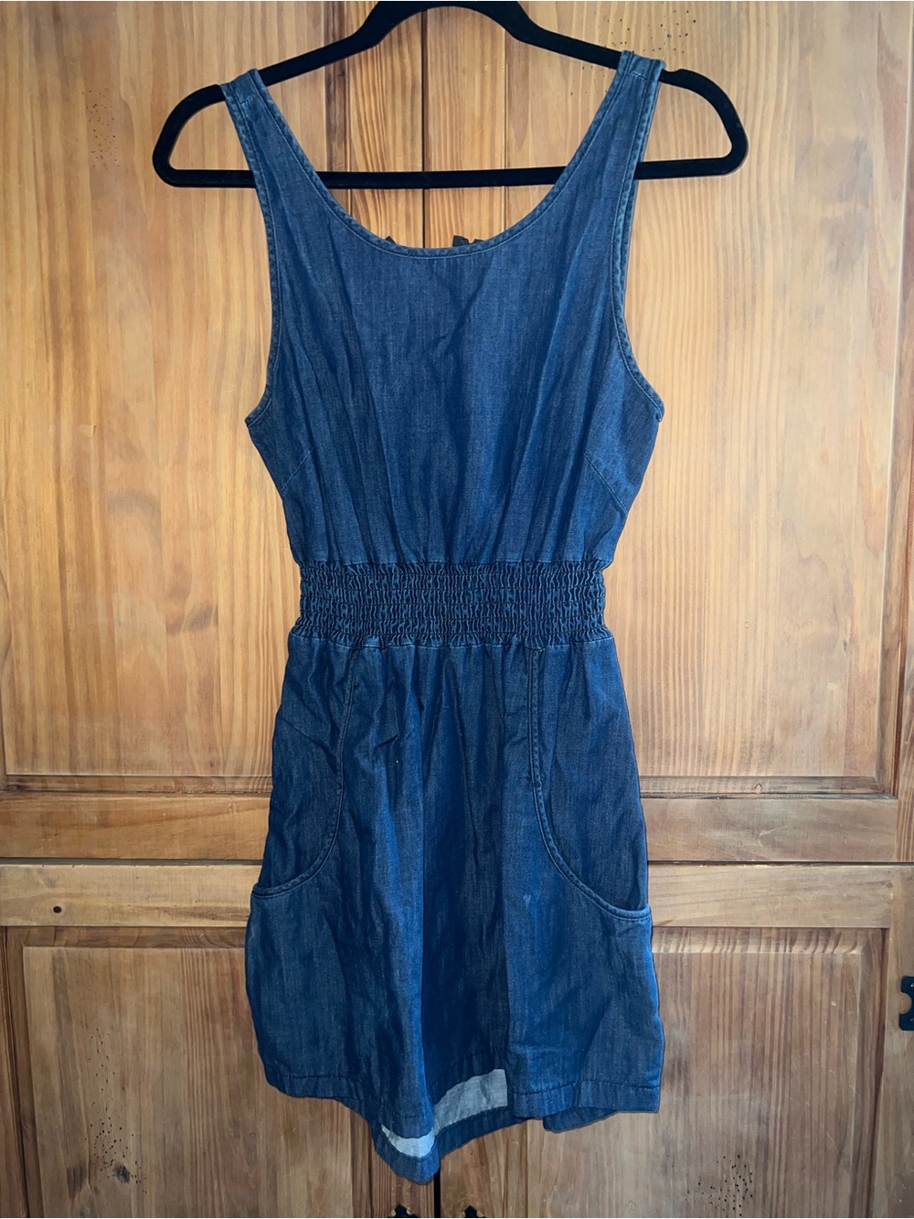 GAP Women’s Denim Tank Dress Bow Smocked Waist Pockets Small Cottagecore